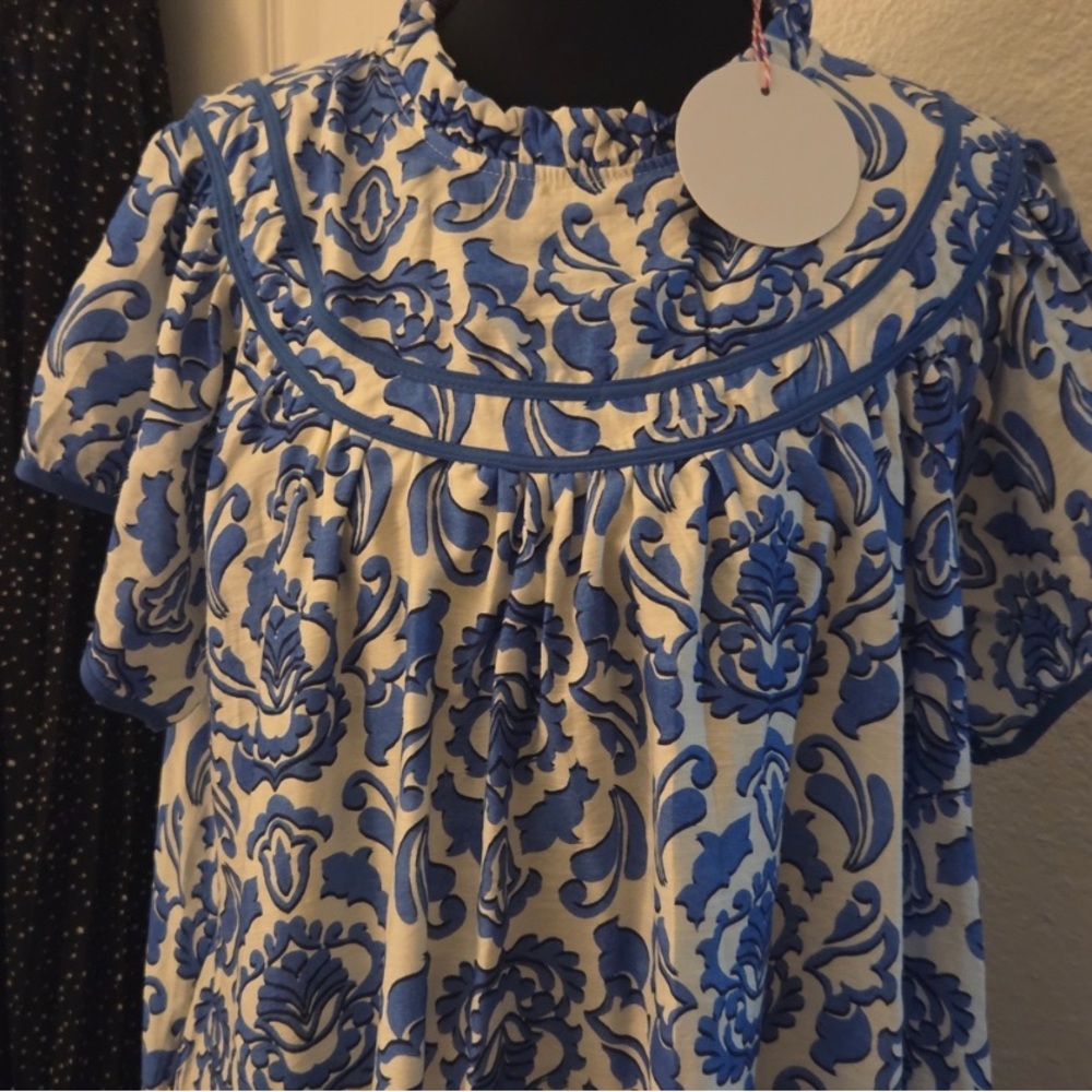 Blue & White Mini Dress - Casual Short Sleeve